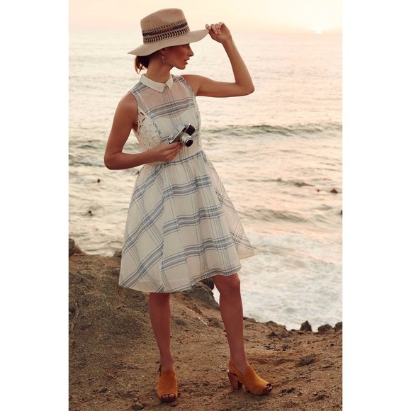 Anthropologie Women's Moulinette Soeurs Seapane Dress Blue White Plaid Eyelet - Picture 5 of 16